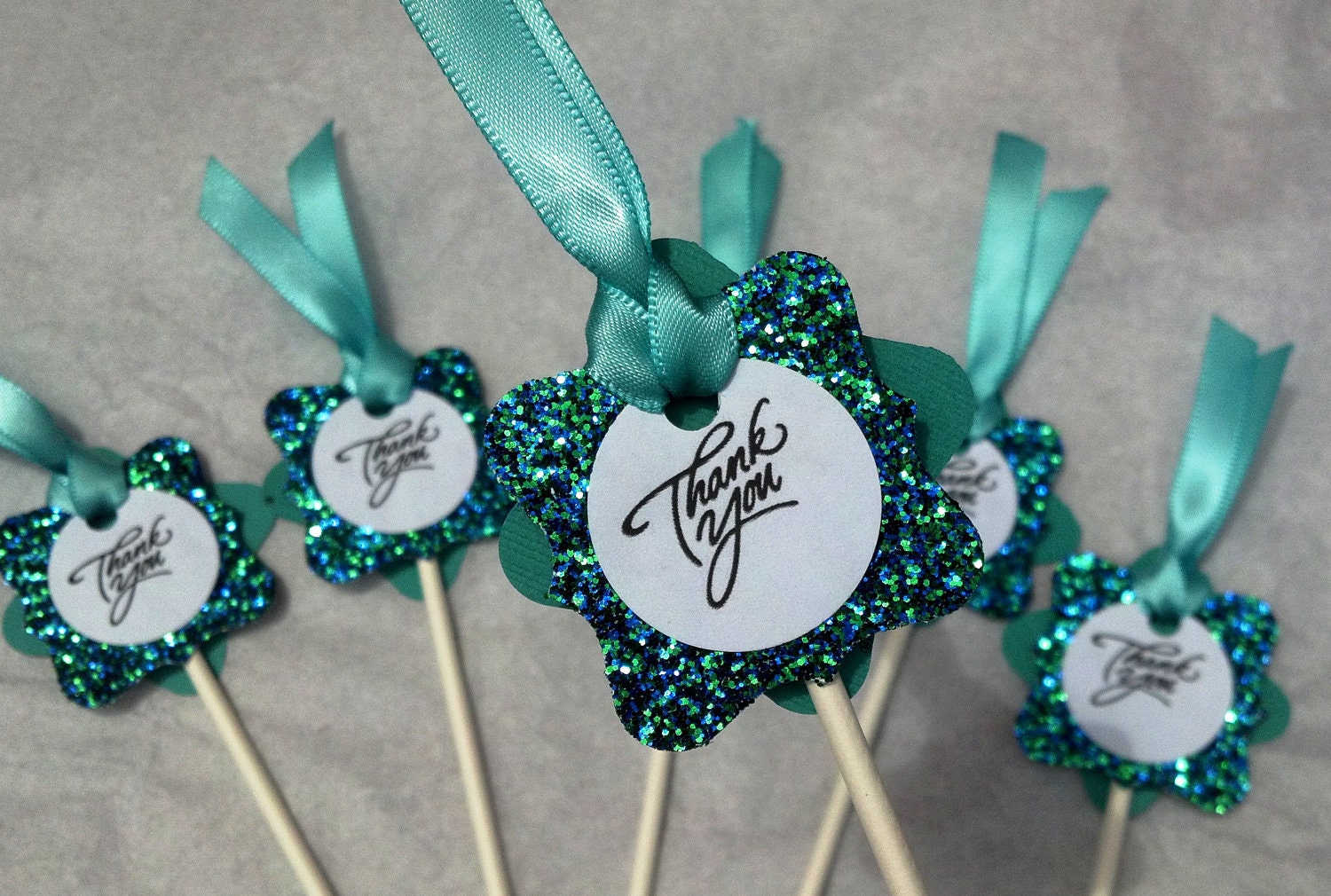 SALE   Turquoise Sparkle Thank You cupcake toppers with ribbon