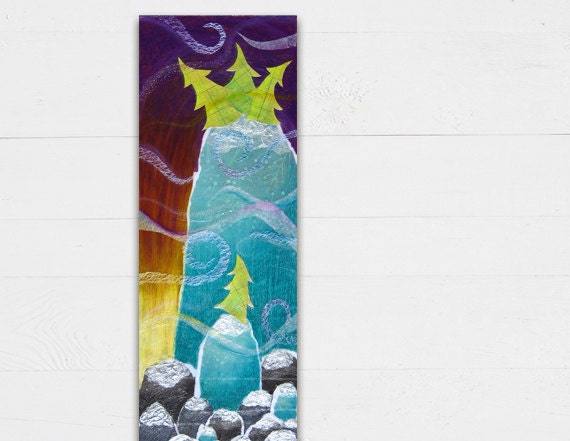 Whimsical Evergreen Tree Art -  Turquoise Winter Mountains with Purple & Yellow Twilight Sky - Vertical Mixed Media Collage for Children