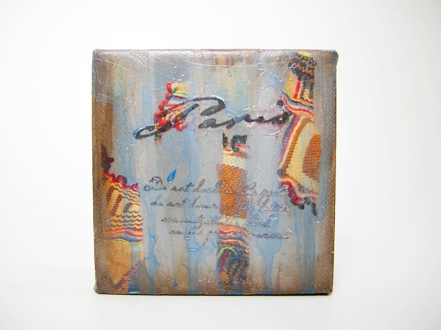 Paris .4 x 4 Inch Original Mixed Media Painting on Canvas,Free shipping USA