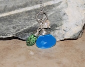 summer fun necklace, ocean blue necklace, green grass necklace, peridot Swarovski crystal, bright blue, fresh water pearl, grass meets sky