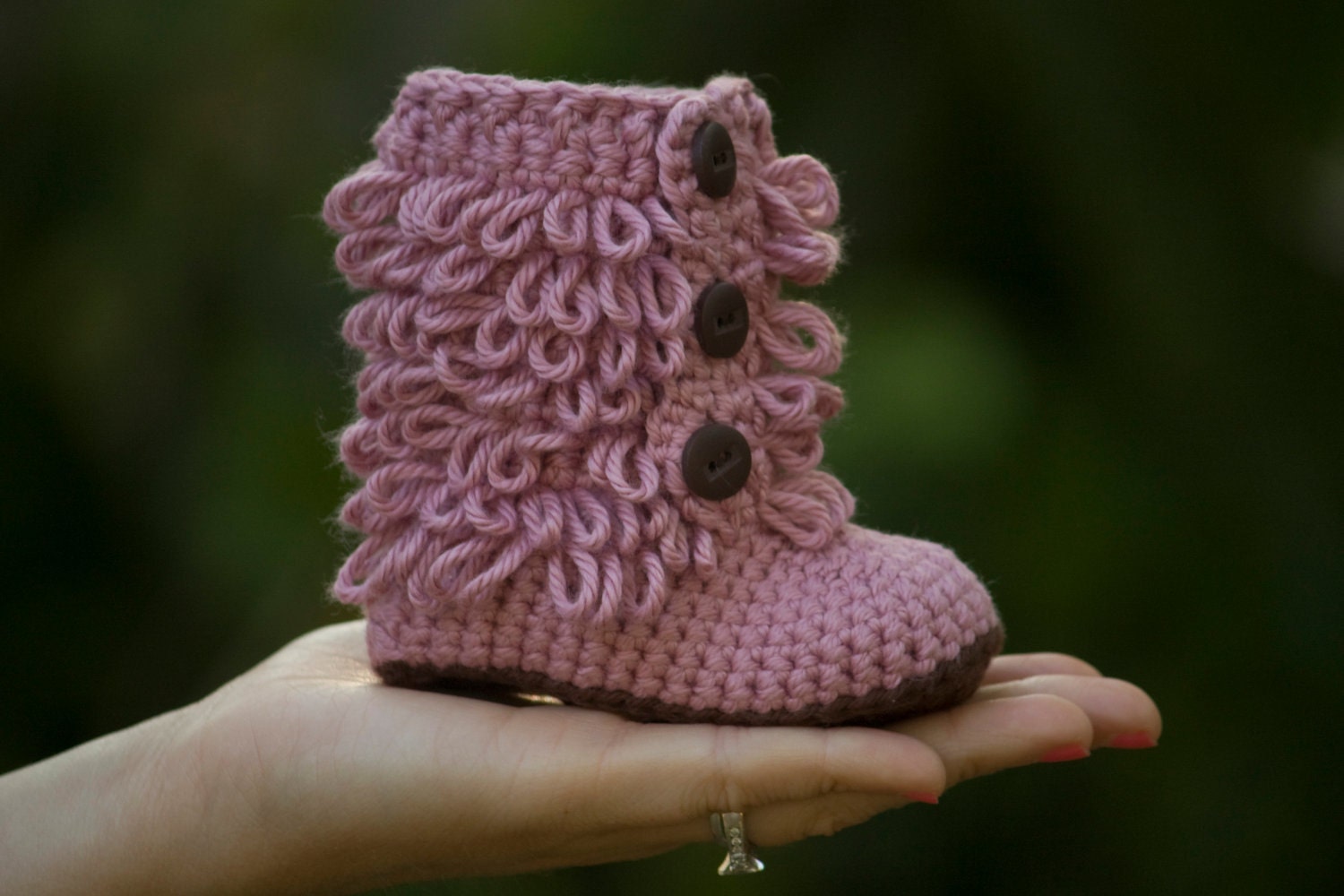 Tall Fringe Baby Booties, Pink and Brown, Girl shoes newborn-6 months, Christmas in July Sale, CIJ