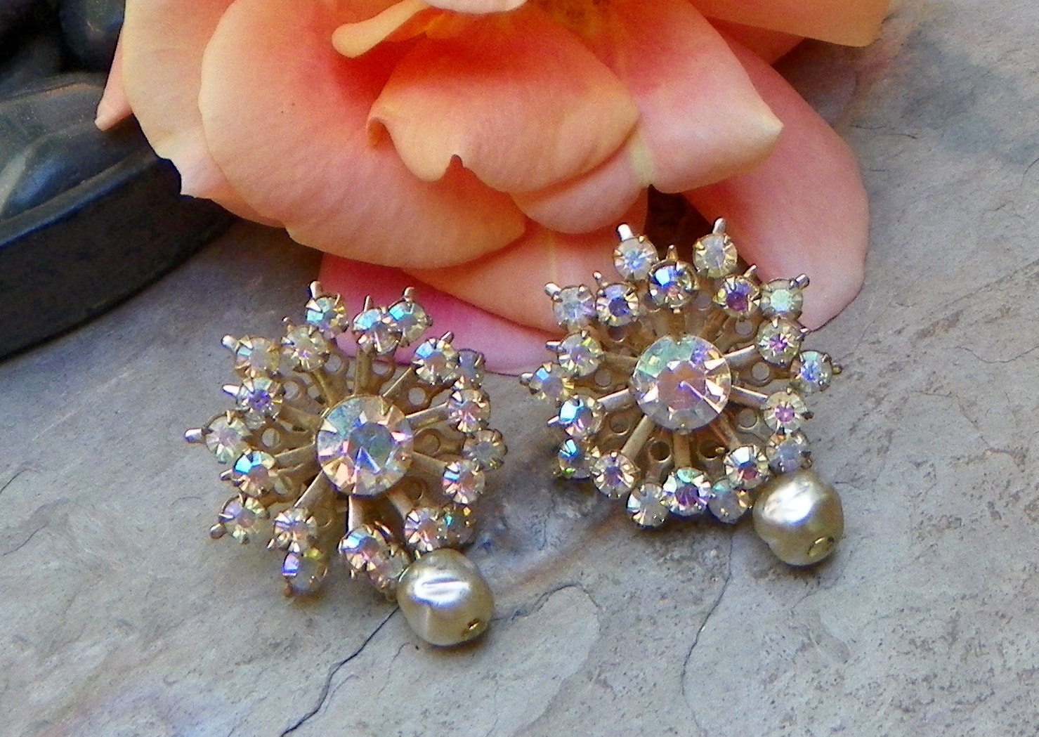 Rainbow Crystal Bridal Rhinestone Vintage Earrings, Artisan Upcycled