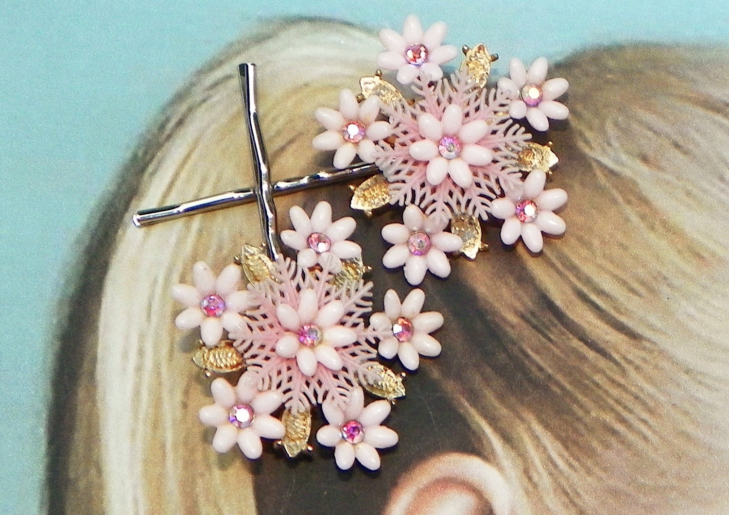 Decorative Summer Celluloid Flower Fashion Bobby-Hair Pins, 1930 1940's Pale Pink Floral AB Aurora Borealis Rhinestone, Vintage Recycled