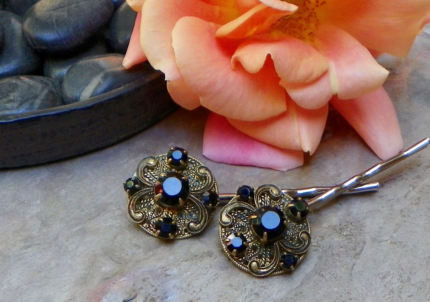 Decorative 30's Black Czech W West Germany Filigree Bobby Pins, Vintage Recycled