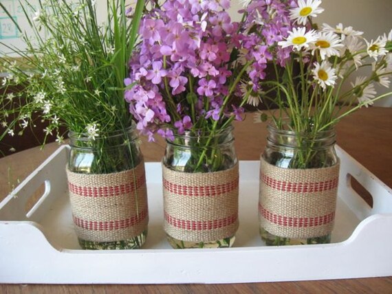 3 jute flower vases rustic woodland mason jar canning flowers floral vase wedding reception tables country summer spring