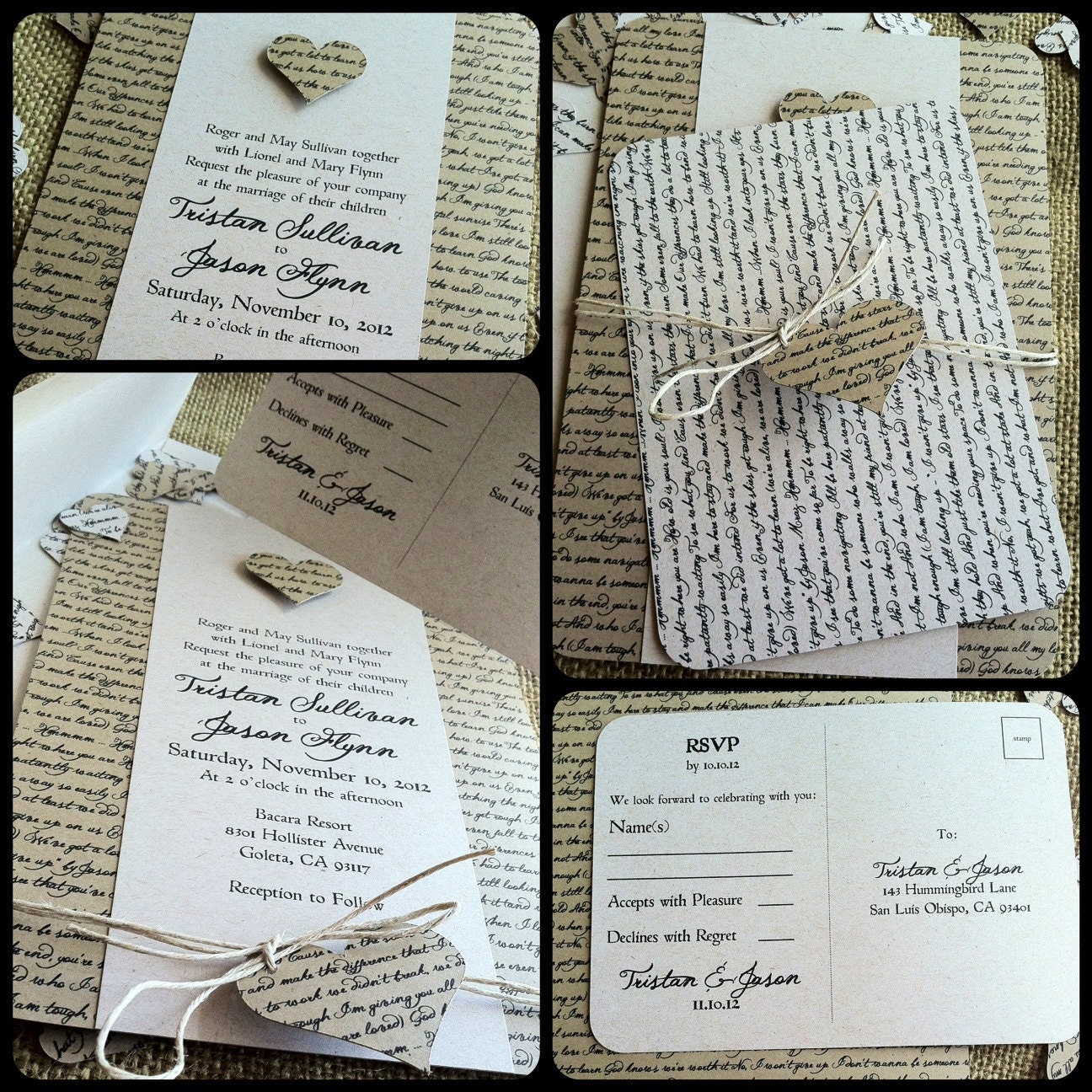 RUSTIC Wedding Invitation - Lyrical Love Collection - Song Lyrics - VINTAGE - Heart - Custom - Recycled - Eco Friendly