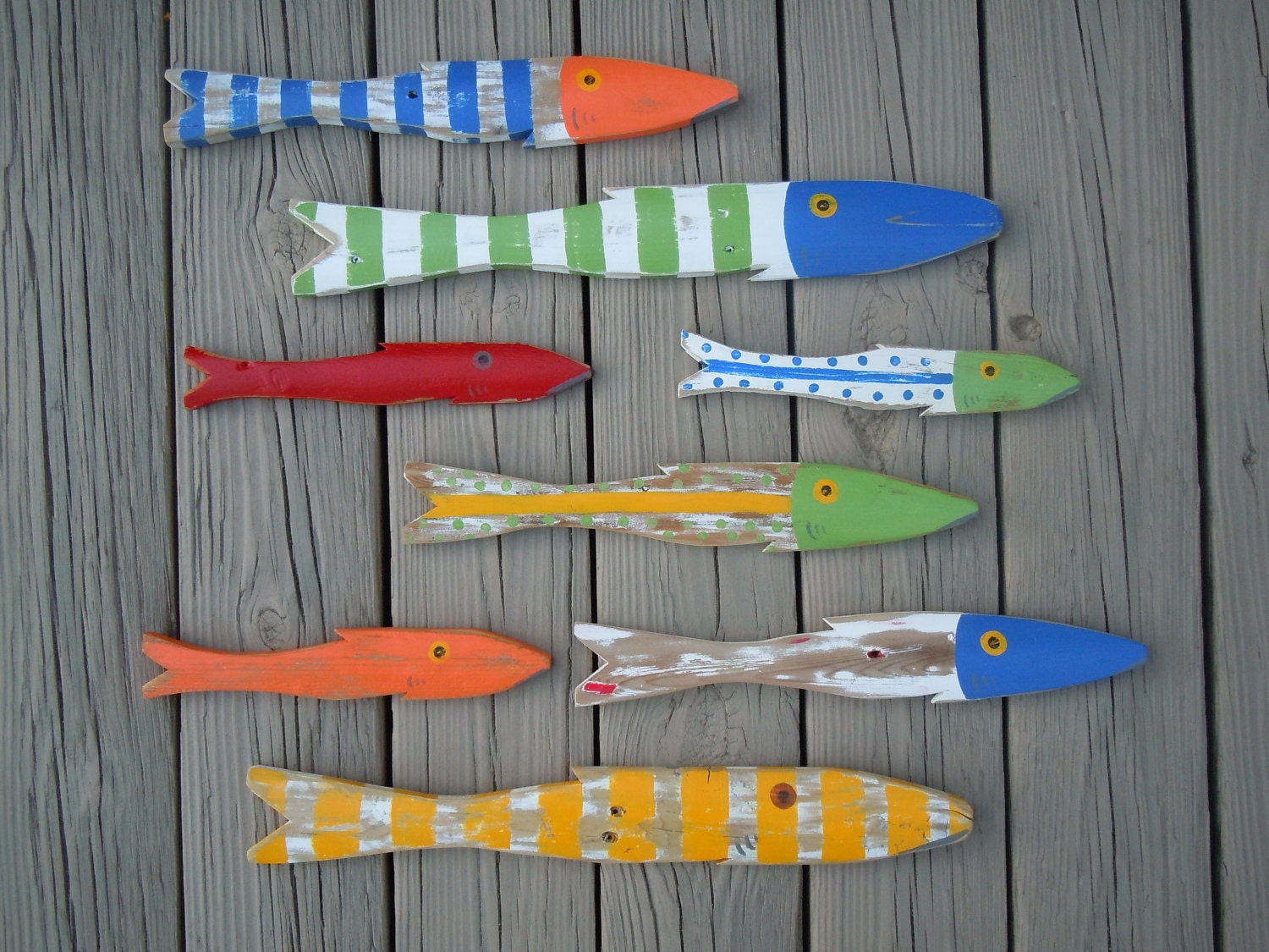 School of 8 Hand Painted Picket FISH Art Reclaimed Wood Beach Cottage Cabin Decor