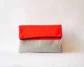 Neon Clutch , Foldover  Vegan leather, Neon Orange Color Block
