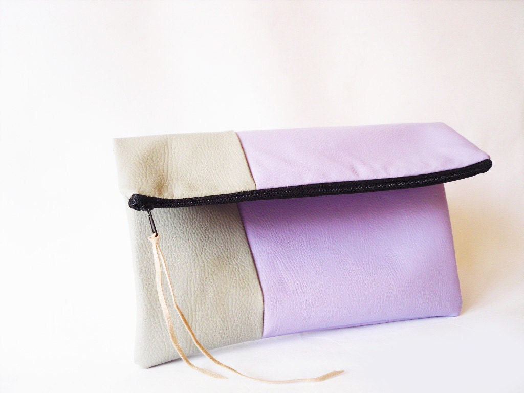 Clutch purse, Fold over, Lavender Lilac  and grey. Pastel