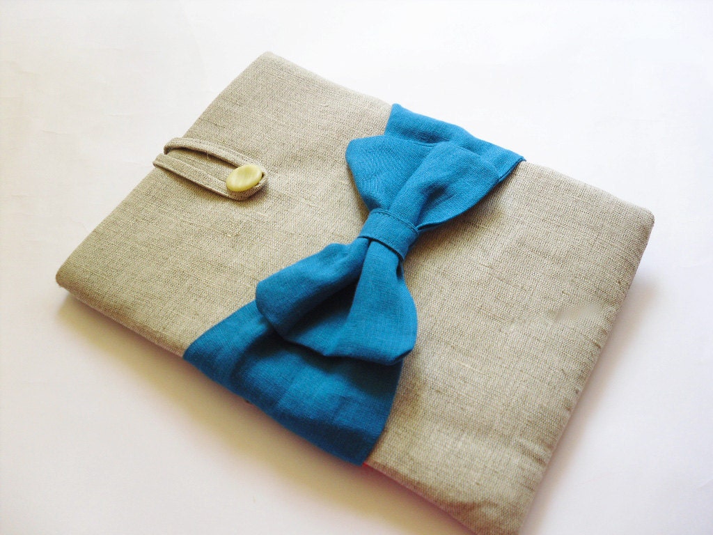 MacBook Air cover 11 / 13 inches , MacBook Air case / sleeve Natural canvas, Bow Blue teal color