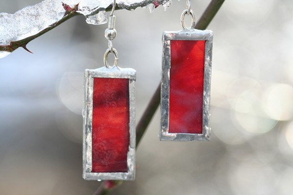 Red Cranberry Pink Earrings Stained Glass Sterling Silver