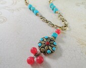 Candy Red Jade, Turquoise And Brass Necklace, Antique Gold Chain, Reversible Brass Pendant Bead, OOAK