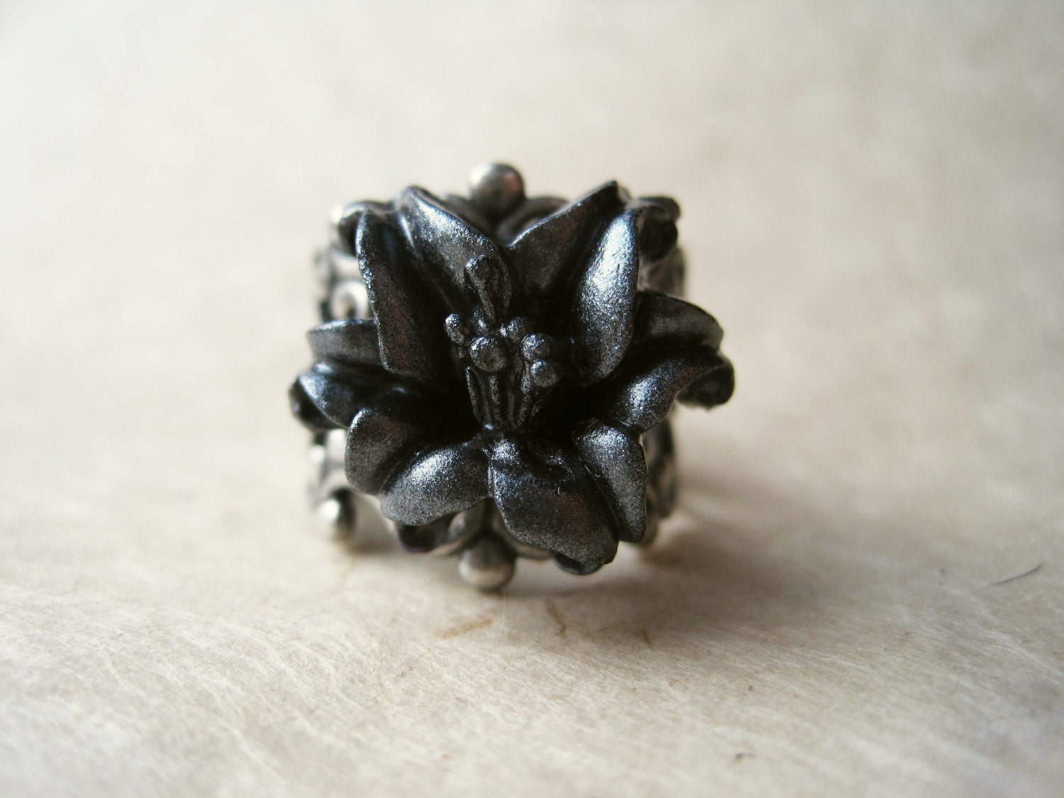Black Flower Ring. Handmade Polymer Clay Ring Black Lily Ring atop Silver Filigree Ring Adjustable Ring. Black Ring. Gunmetal Jewellery.