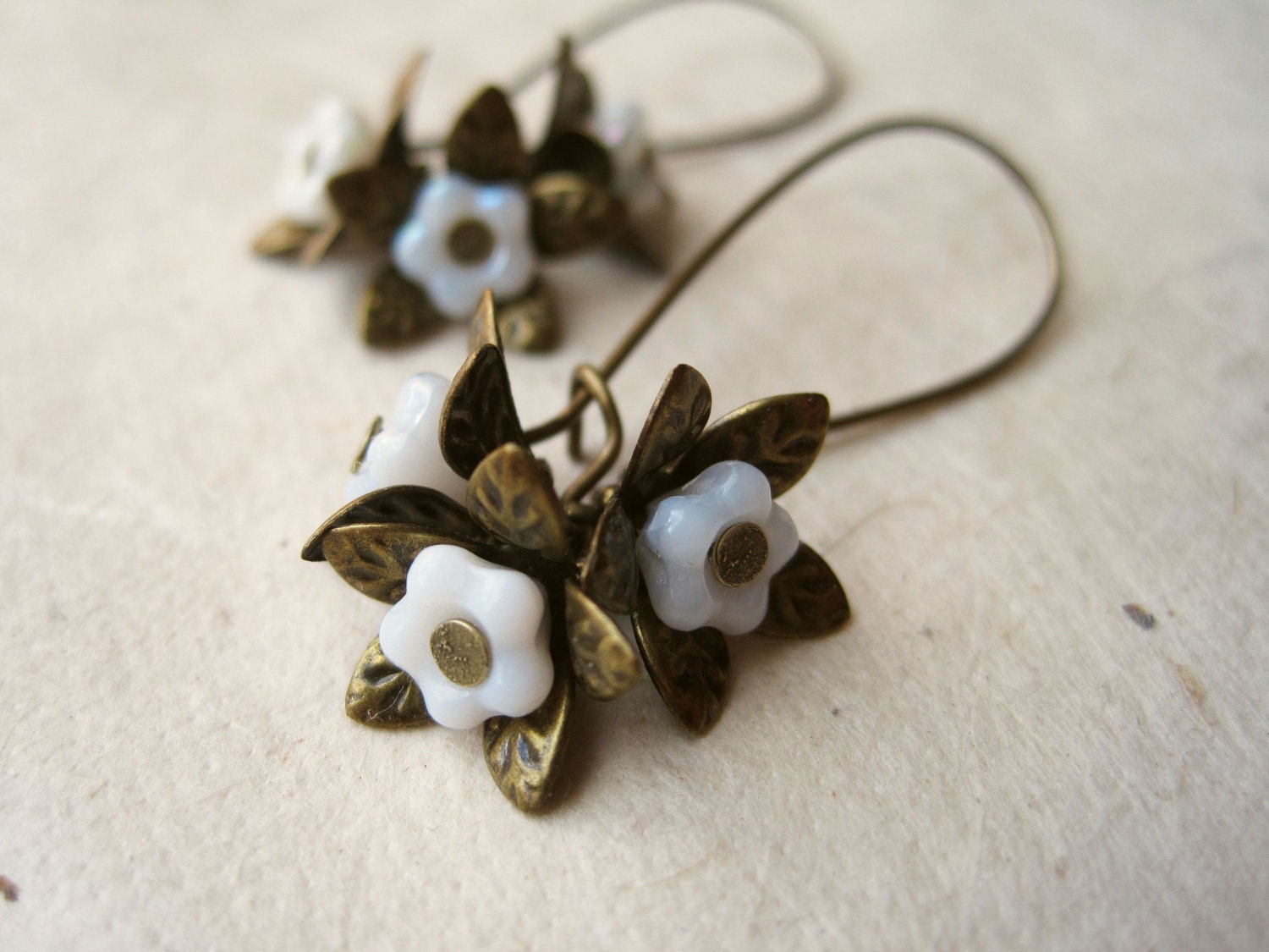 White Flower Earrings, White Earrings Glass Flower Earrings, Flower Jewelry, Beaded Earrings, Flower Cluster, Antique Brass Accents. FDE7