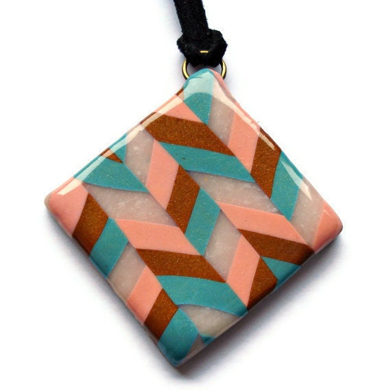 Diamond shaped pendant - turquoise, brown and peach