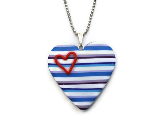 Blue and White Stripes with Red Heart Pendant