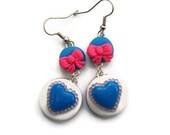 Kitsch Dangle Earrings - Hot pink, blue and White with diamanté