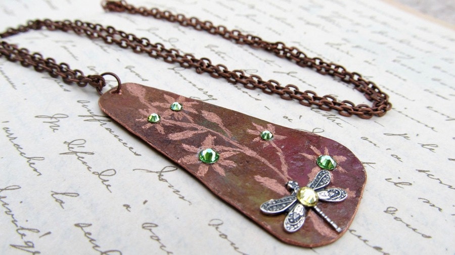 Dragonfly Necklace, Metalwork, Jewelry With Flowers, Mixed Media, Industrial Chic, Green, Yellow