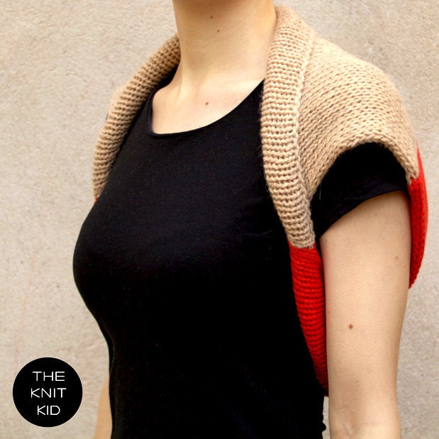 knitted shrug waistcoat red orange / camel colorblocking the knit kid