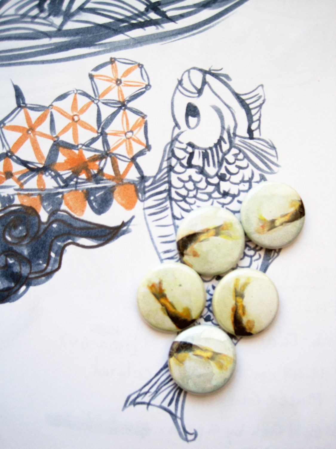 fish tail pin buttons, hand painted with watercolor, set of 5, light