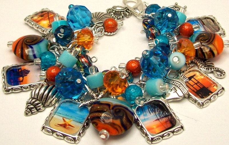 Beach Jewelry Ocean Sunset Chunky Charm Bracelet Beads Picture Charms Themed Silver Plated Adjustable Sea