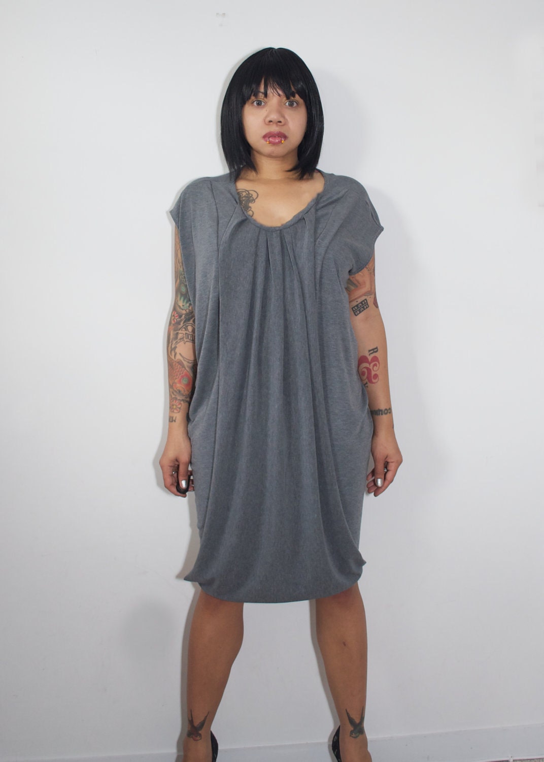 Handmade grey Jersey knit dress with red scalloped belt- size medium