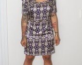 Purple and Cream Printed Charmeuse Dress- Medium