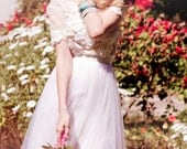 Prom dress, capped sleeves flowers appliqued with soft tulle skirt