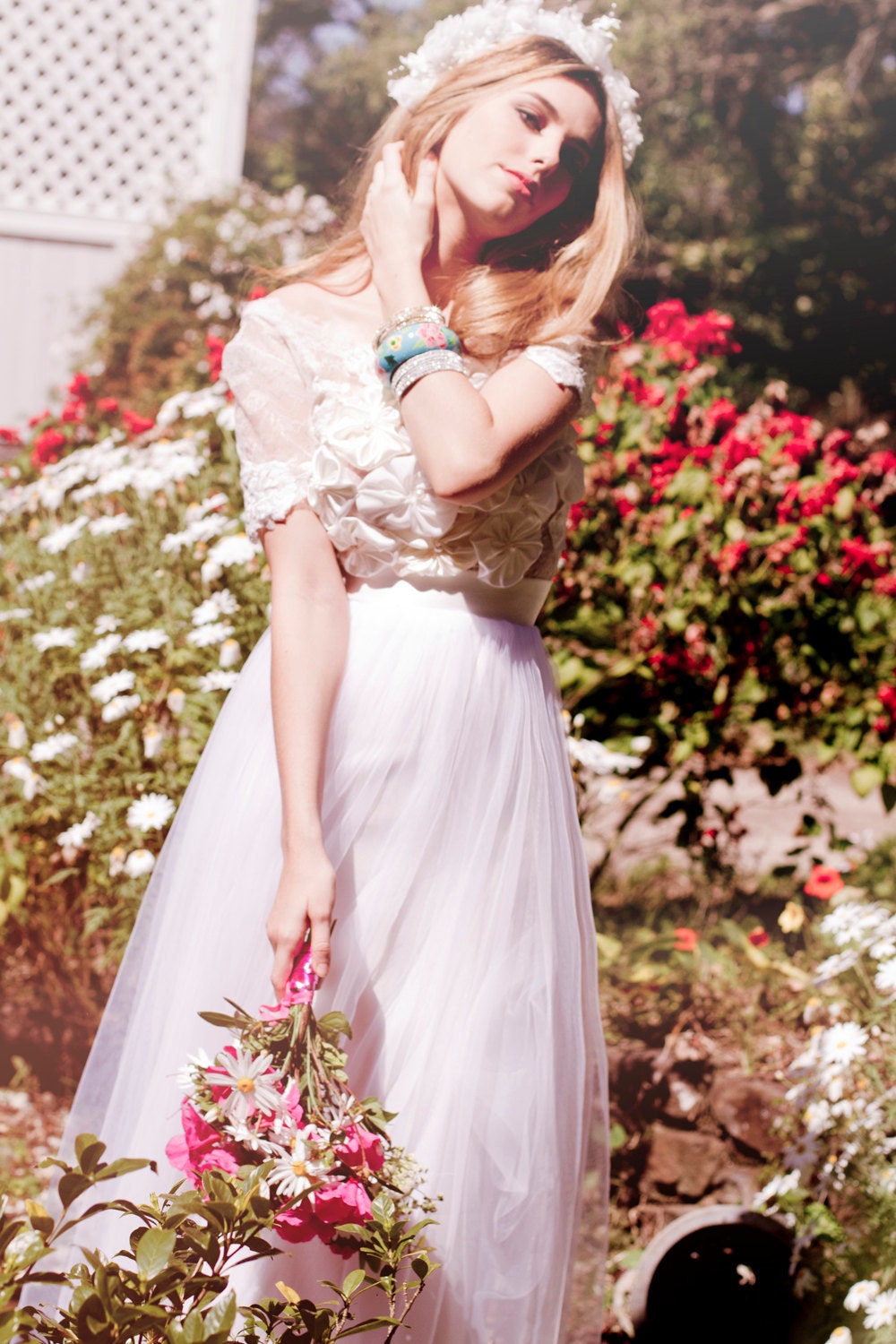 Vintage style white and ivory lace wedding gown