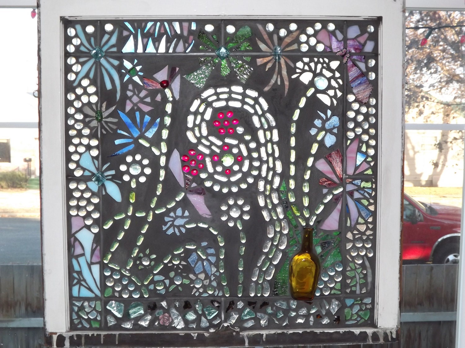 Mosaic flower garden vintage window