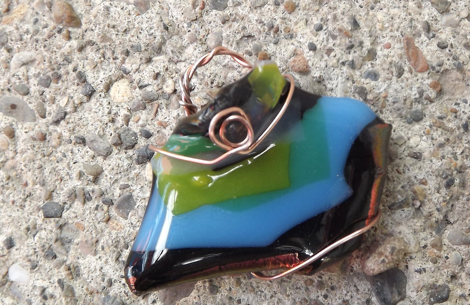 funky copper wrapped fused glass pendant