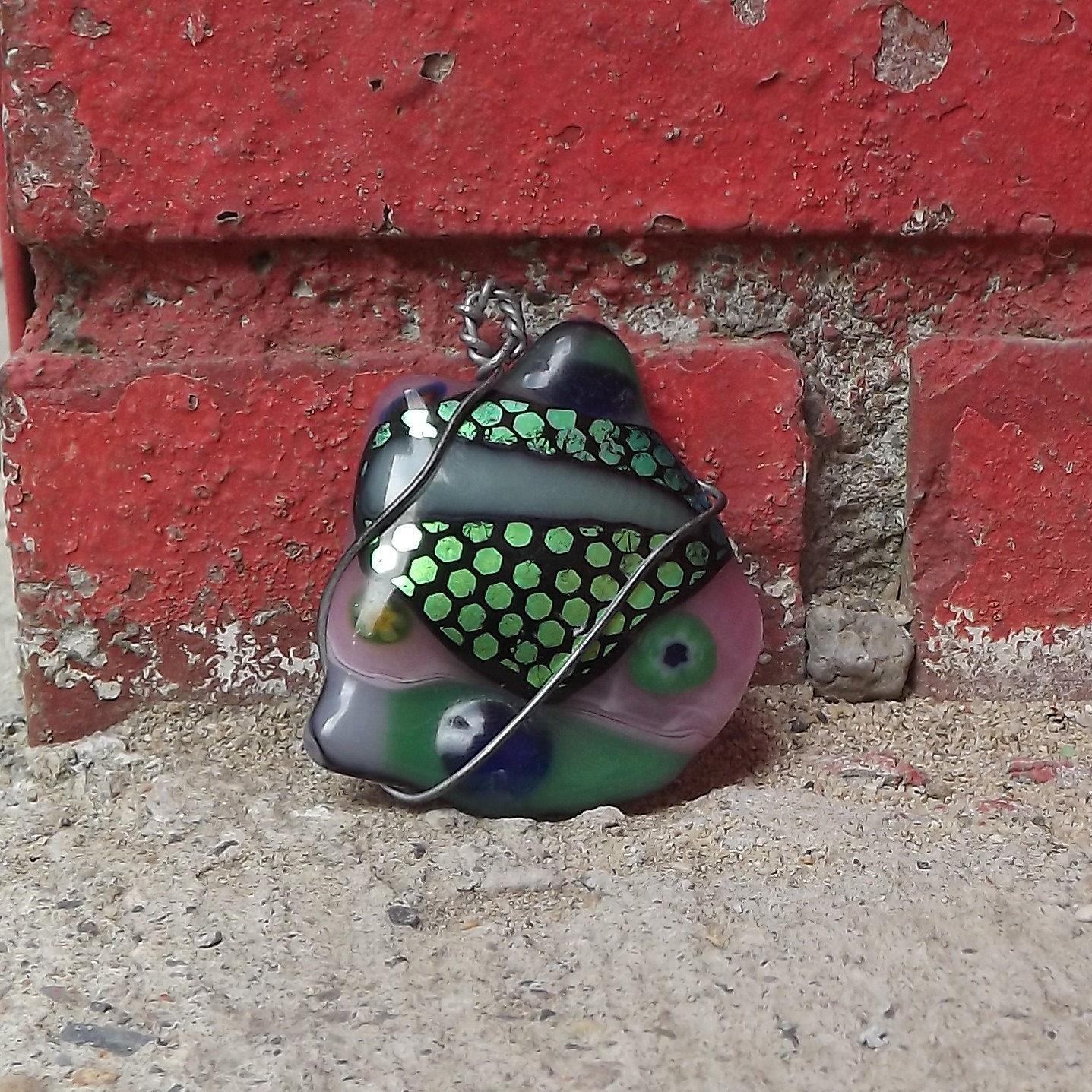Clearance item large fused glass wire wrapped pendant