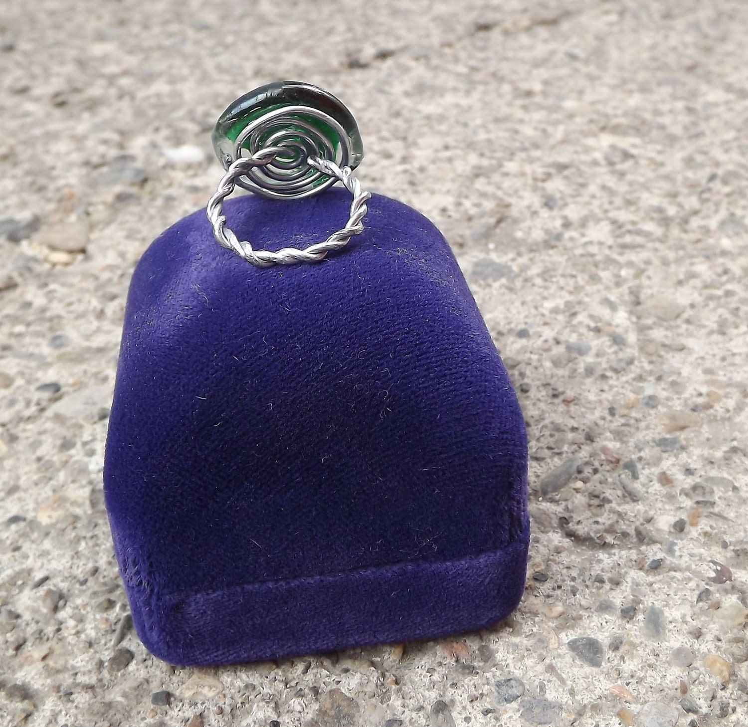 Green adjustable wire wrapped fused glass ring