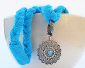 braided fabric necklace - upcycled turquoise fabric braided necklace silver pendant hand made one of a kind long
