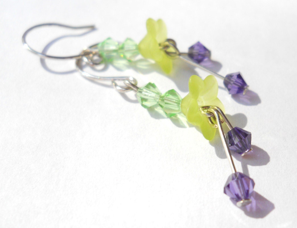 spring earrings - light green lucite flowers accented with purple and green crystal bicones spring time celebrations