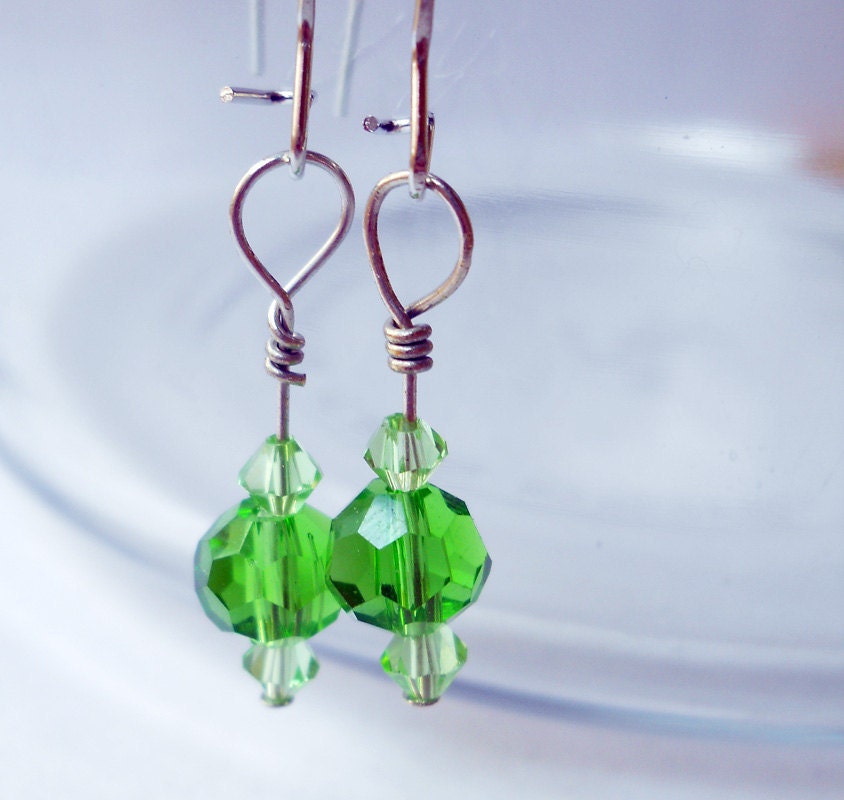 spring earrings - green crystal dangle earrings ooak beads spring easter lucky