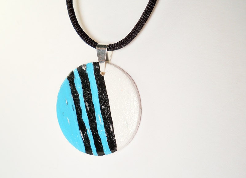 hand painted wood pendant blue black white stripe circle lines distress