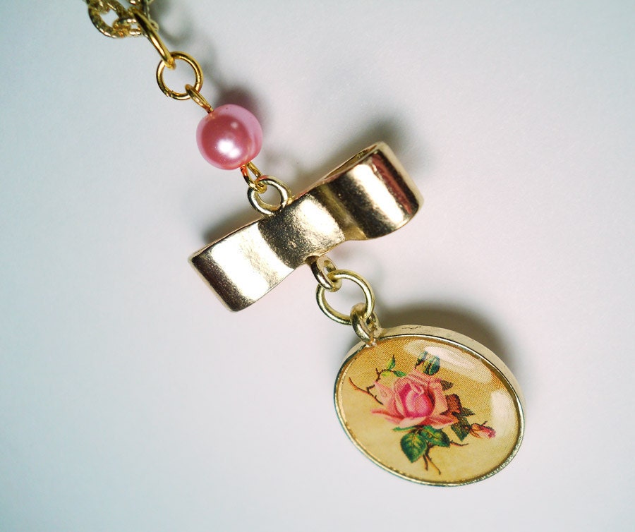rose necklace - gold and pink pearl rose art pendant long chain