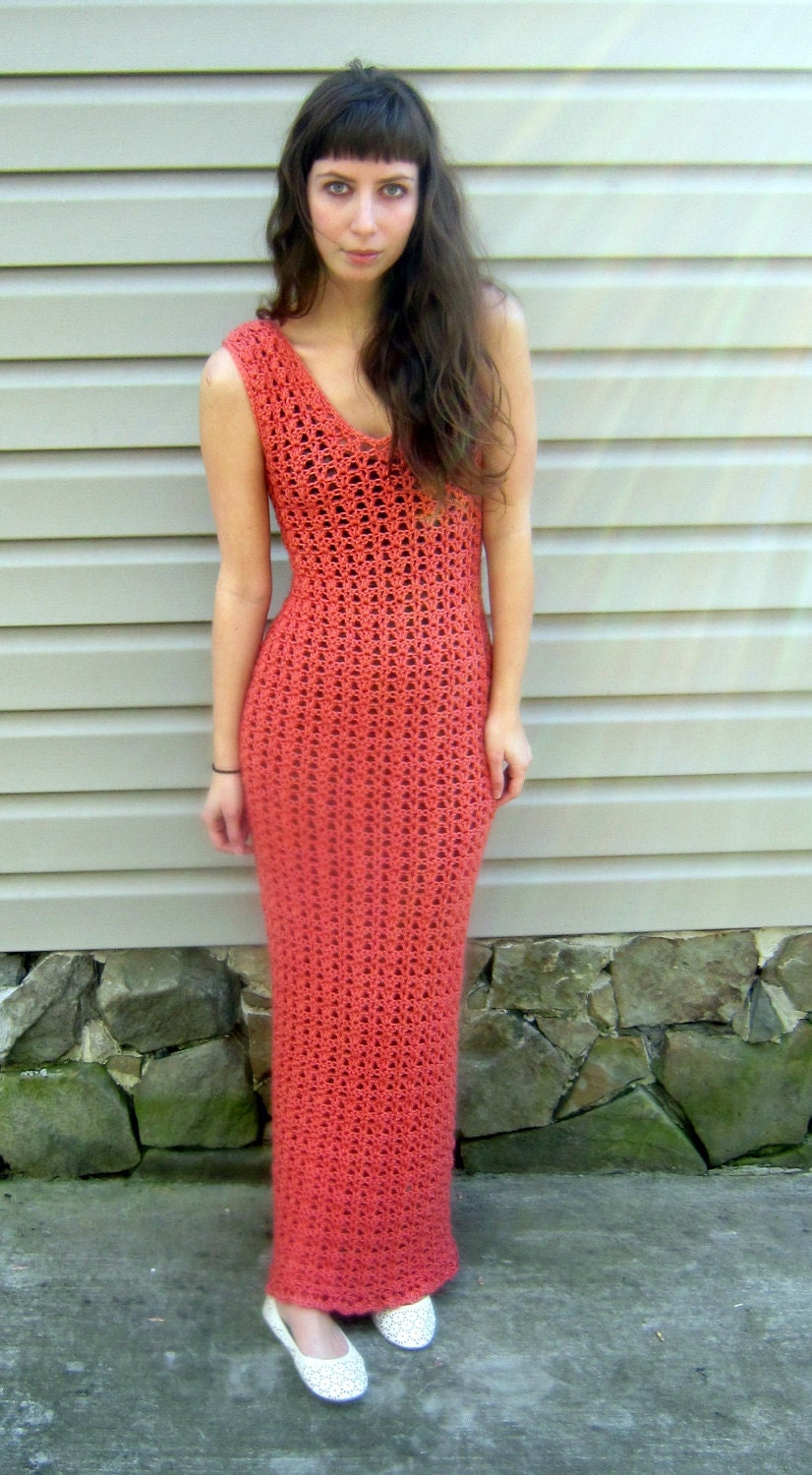 Crochet dress, Long, crochet, maxi dress with shell stitch in orange, persimmon size Small