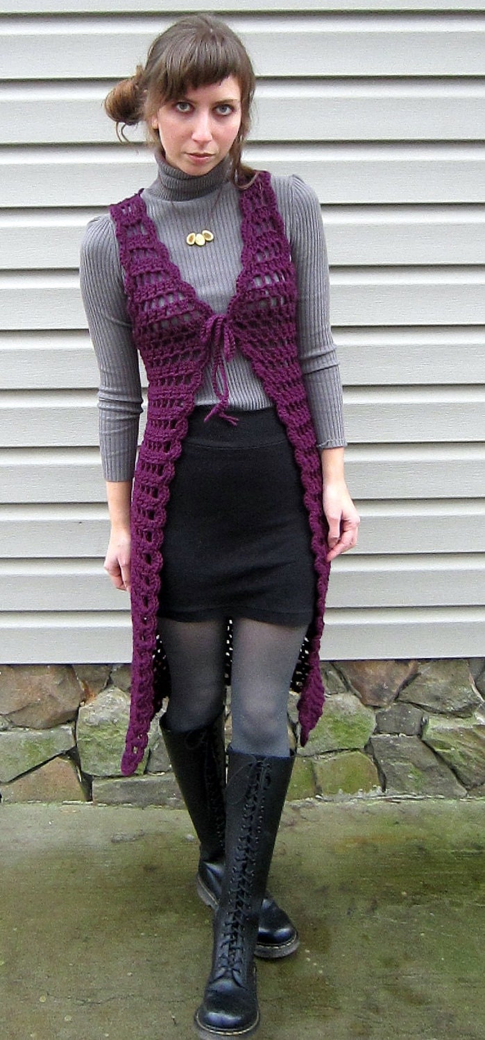 retro purple crochet vest,  long midi length vest, from vintage pattern 1970. size Small