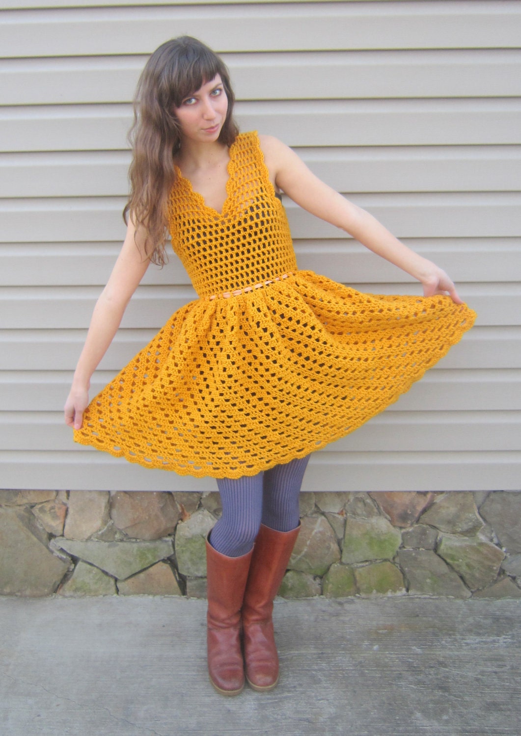 Yellow crochet dress, vintage style dress, mustard yellow, size small to medium
