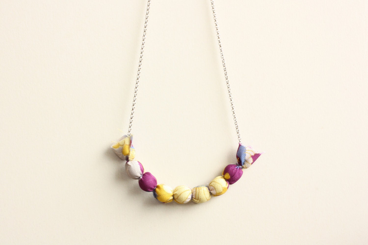Japanese Vintage Kimono Fabric Necklace, Purple, Yellow, Gray and Blue from Japan