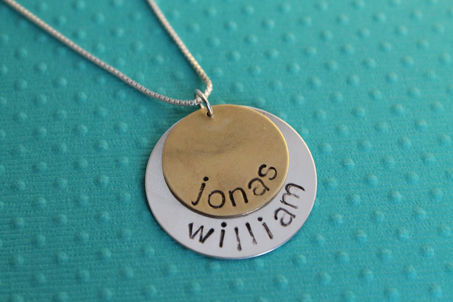Custom Stamped Two-Tone Stacked Disks Necklace Sterling Silver and Brass 2 Disks