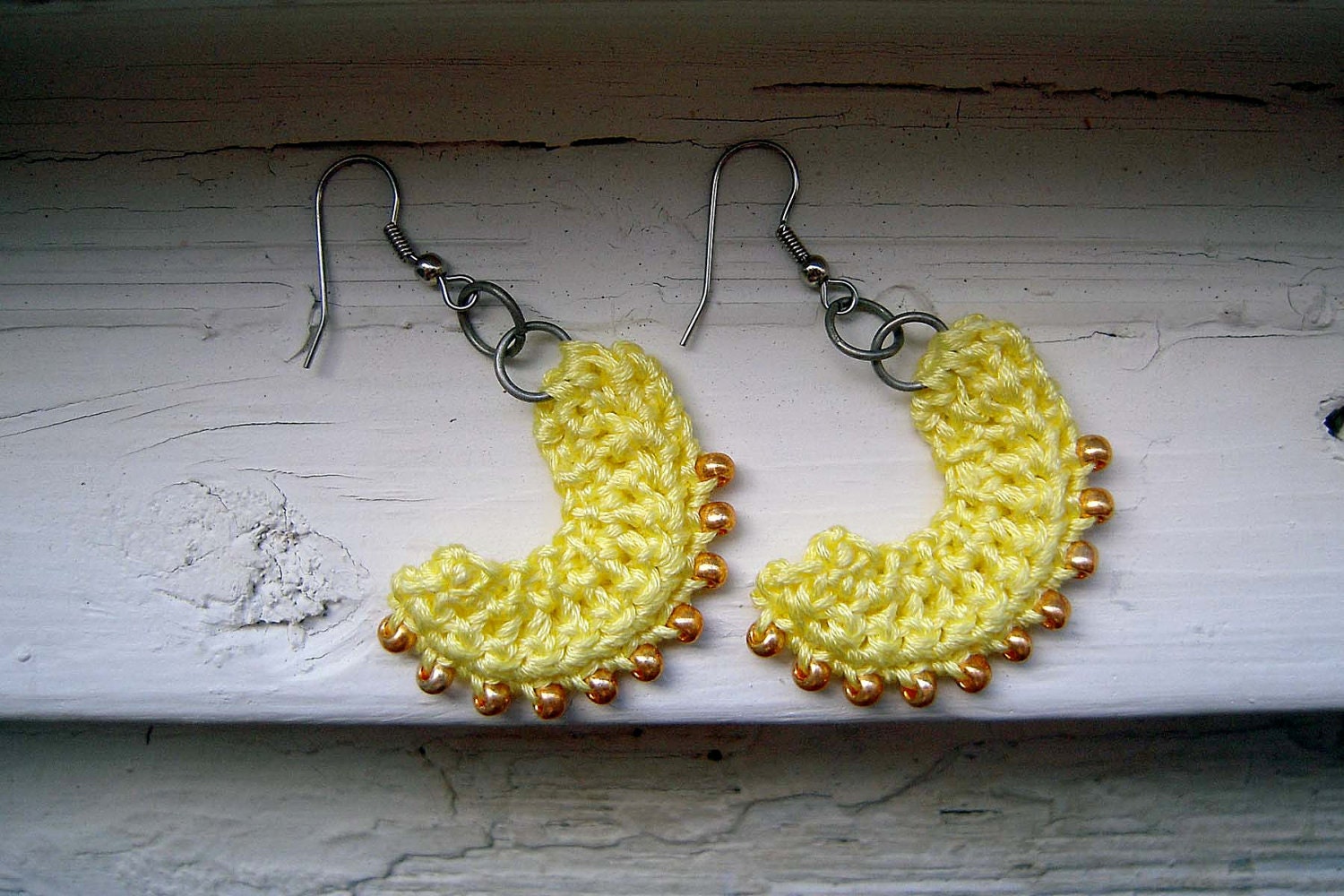 Crochet Beaded Earrings - Neon Yellow with Gold Beads