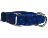 Dog Collar Blue Polka Dots - Adjustable MARTINGALE - Large Size - 3/4"