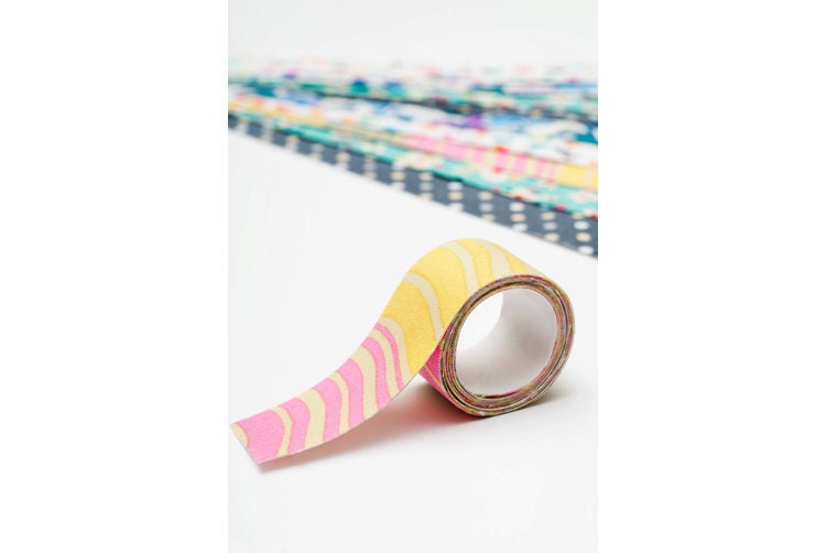 Sticky Adhesive Fabric Tape, Japanese Washi Tape - Pink Yellow Grey Waves