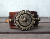 Leather Cuff Bracelet, with steampunk gears, antique Rivets and Buckle Closure