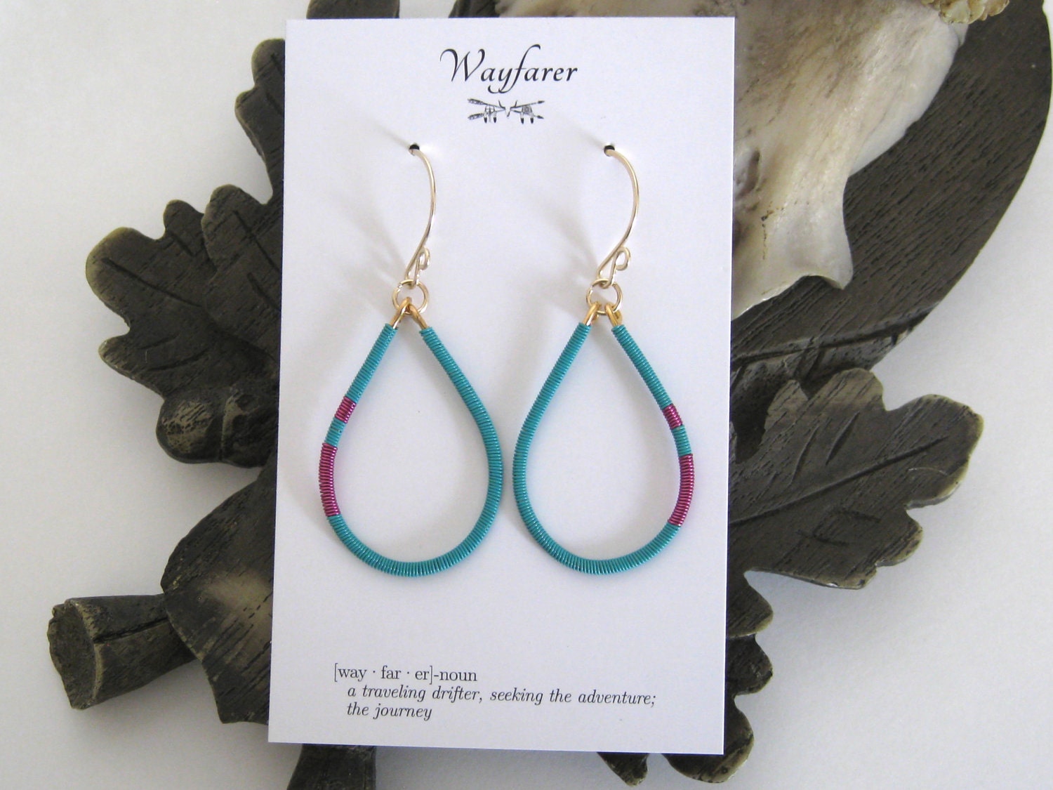 14K Gold Fill and Gold Plated Turquoise and Fuchsia Pink Wire Wrapped Teardrop Hoop Earrings
