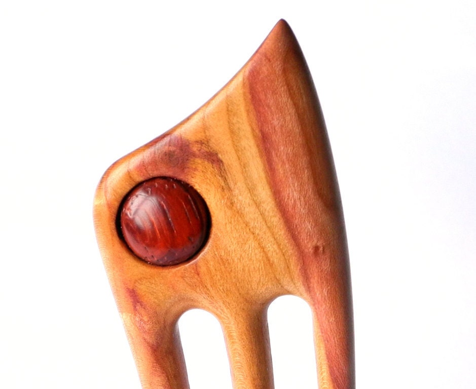 Wooden hair fork, 3 prong, Hair sticks, Wood, Pear tree, Padauk, Hairpin, Handmade