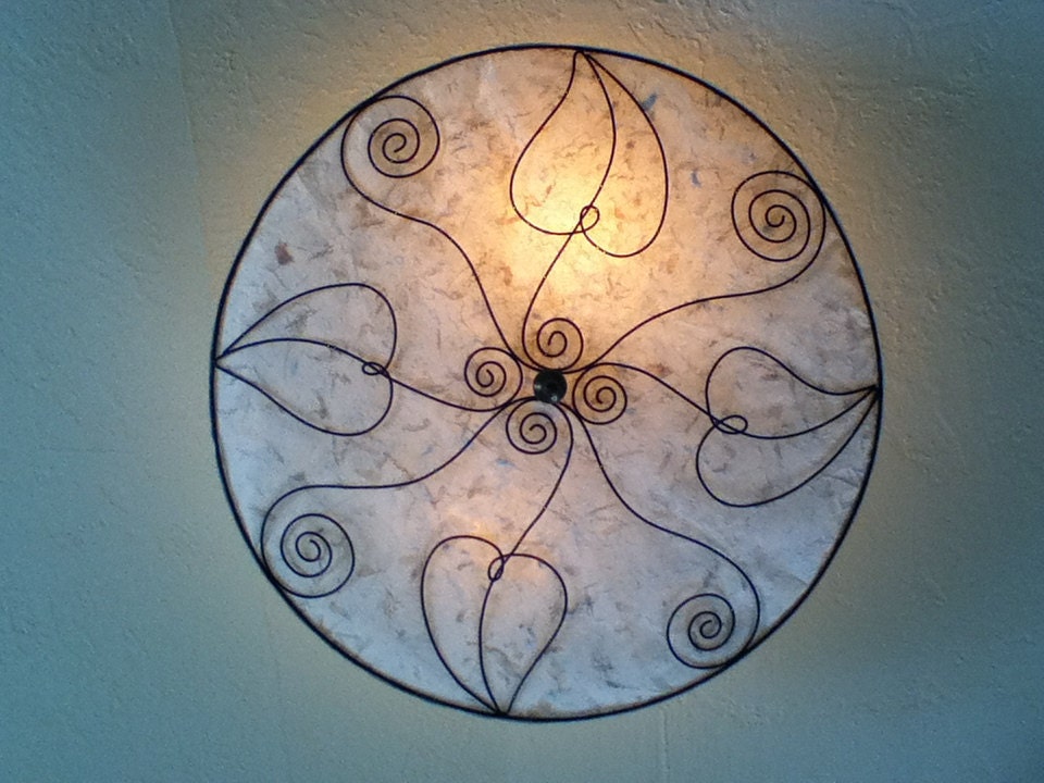 Ceiling Light Shade Wire Sculpture Leaves and Swirls  and Natural rice paper with pressed herbs and flower petals